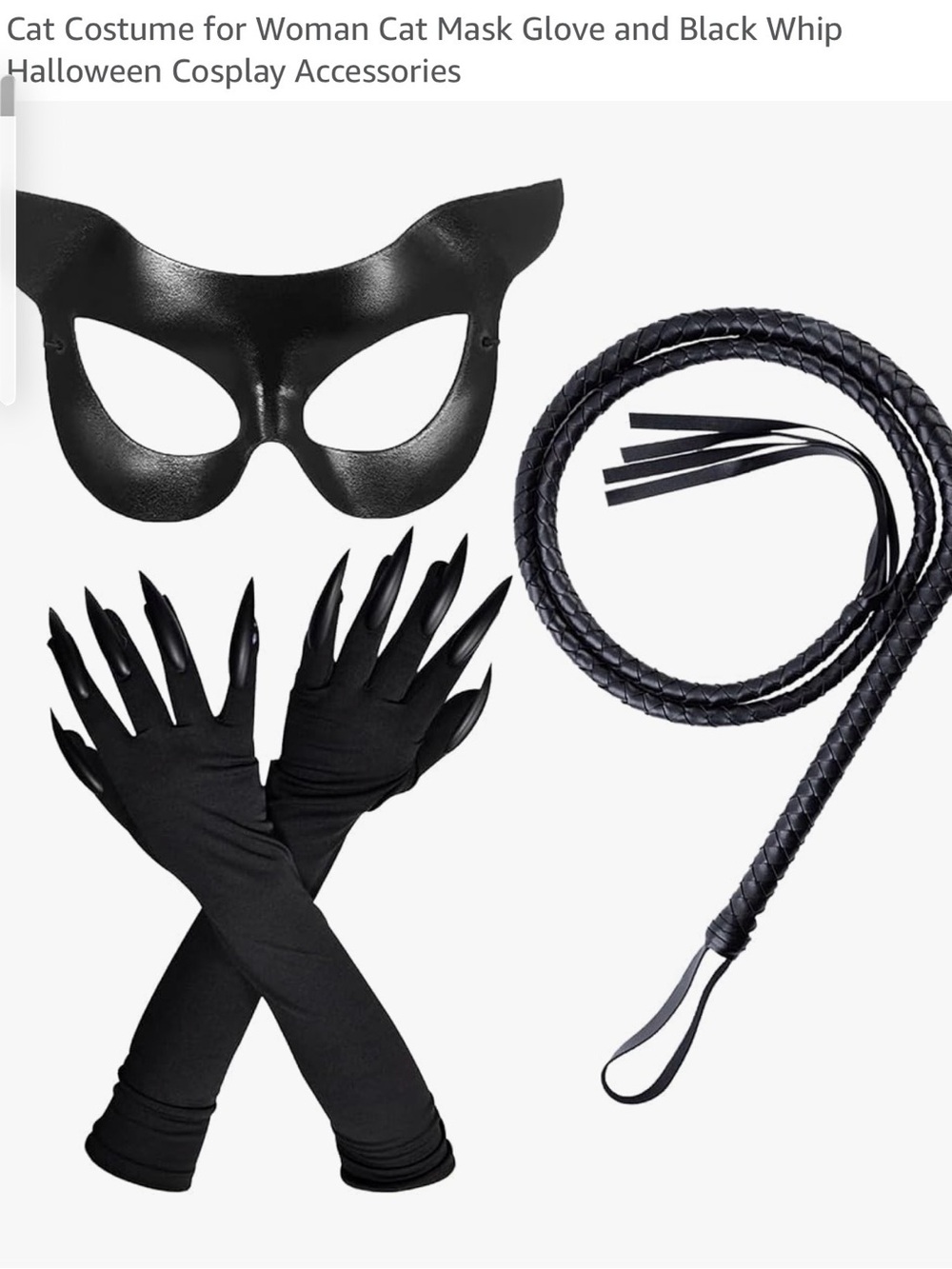 Black Cat Costume Accessories Set — Mask, Claw Gloves & Whip